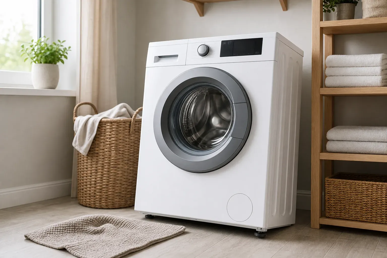 Waschmaschine auf festem Boden mit verrutschter Bodenmatte davor