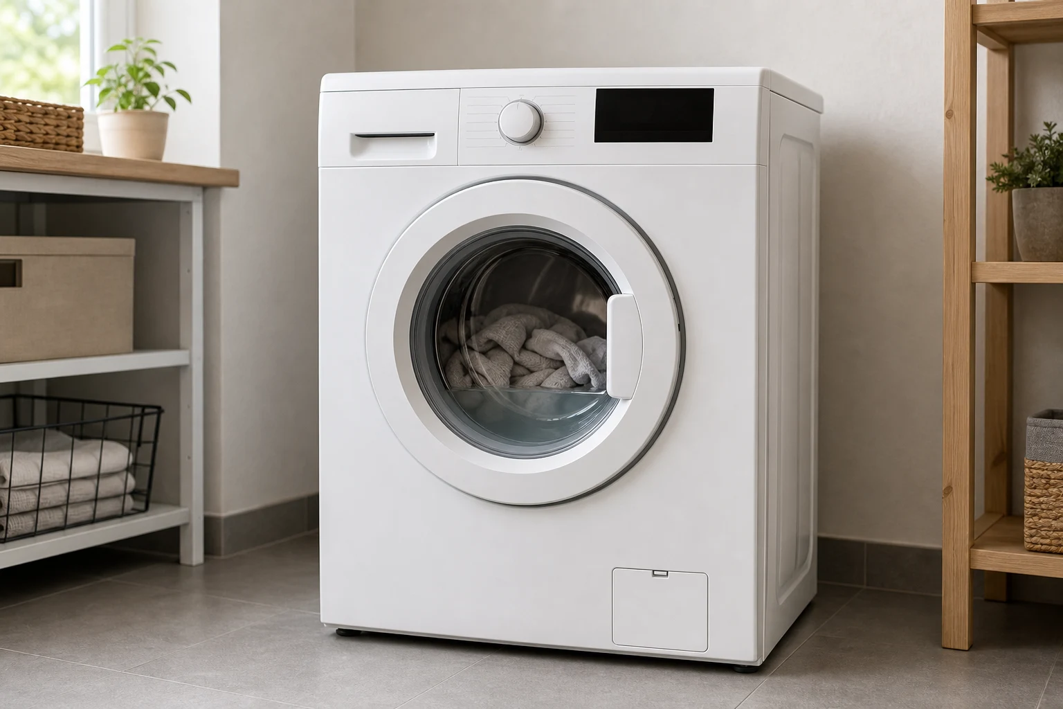 Markenfreie Waschmaschine mit Wäsche und stehendem Wasser in der Trommel