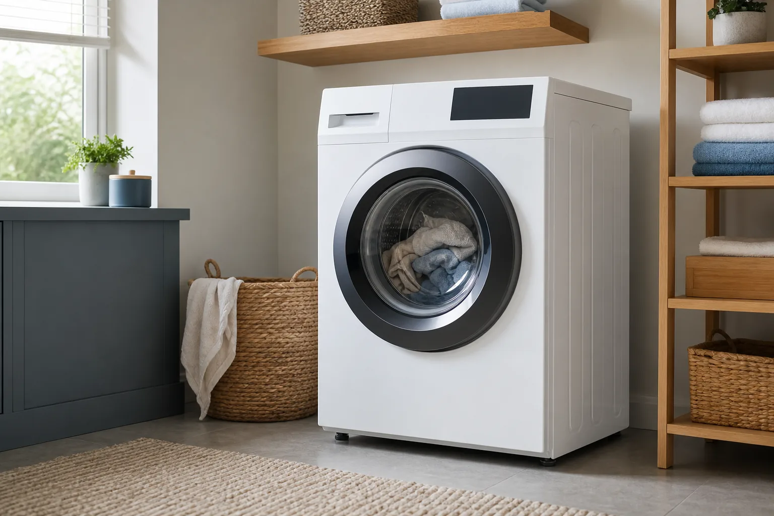 Startbereite Waschmaschine mit dunklem Bedienfeld in einem Waschraum