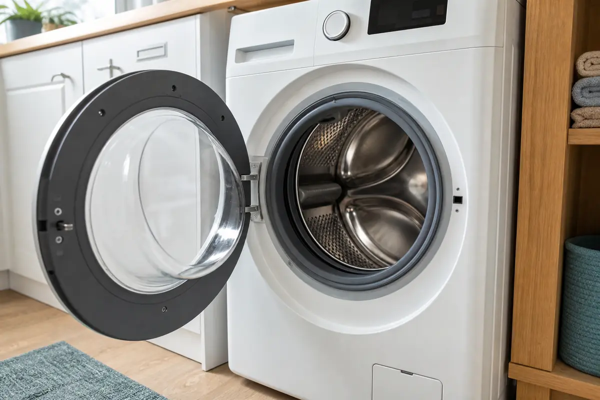 Geöffnete Waschmaschine mit leerer Trommel und sichtbarer Gummidichtung