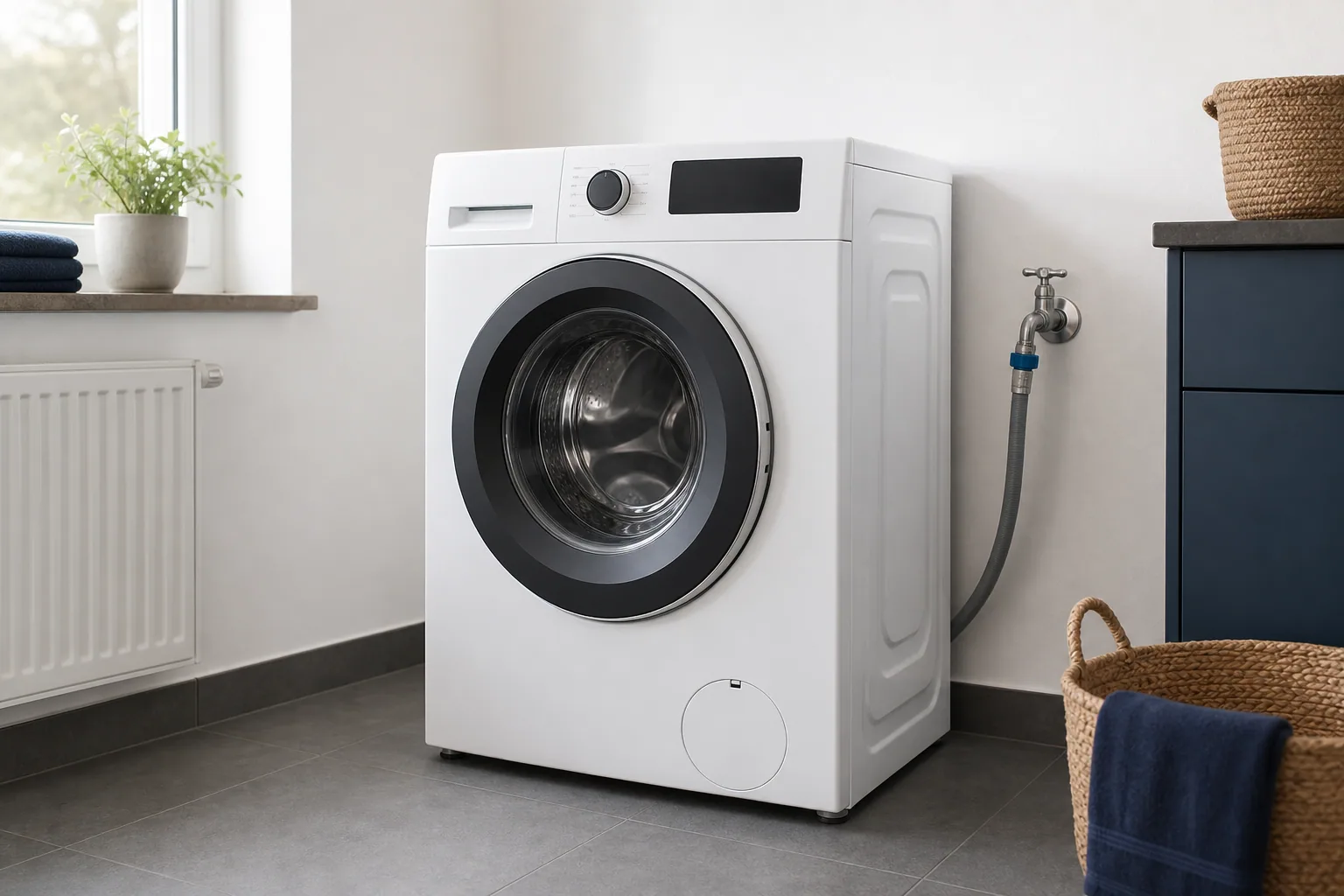Waschmaschine neben einem sicher erreichbaren Wasseranschluss und Zulaufschlauch