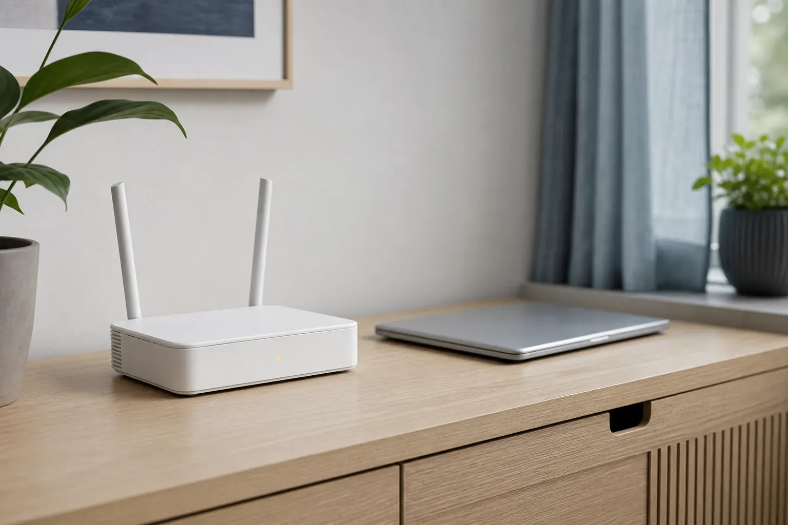 WLAN-Router mit gelber Statusleuchte neben einem geschlossenen Laptop