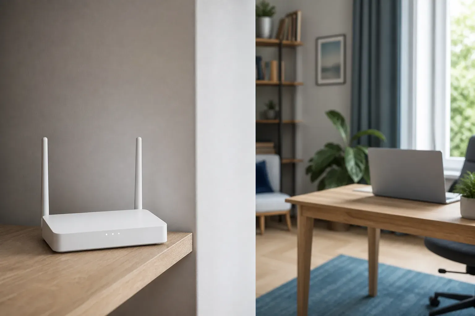 WLAN-Router hinter einer Wand mit weiter entferntem Laptop
