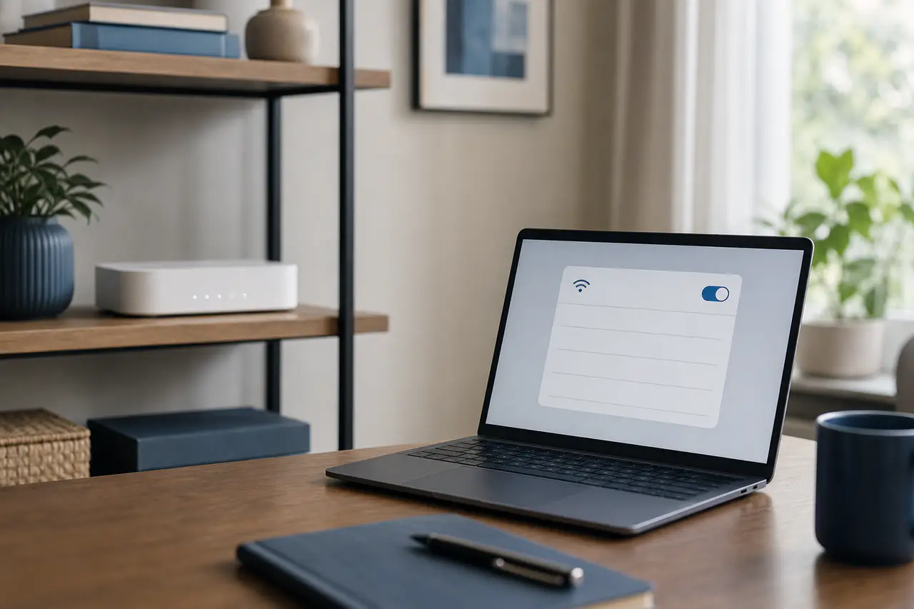 Laptop mit leerer WLAN-Netzwerkliste neben einem Heimrouter